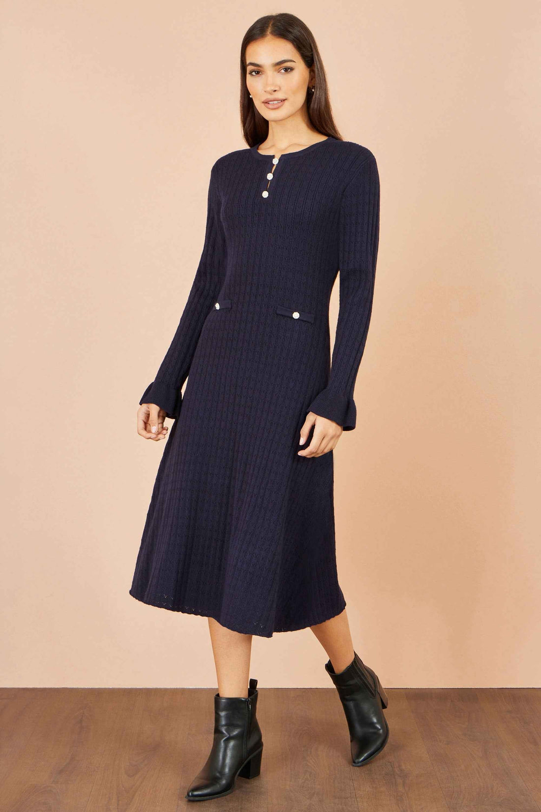 Yumi Navy Viscose Knitted Midi Dress With Buttons