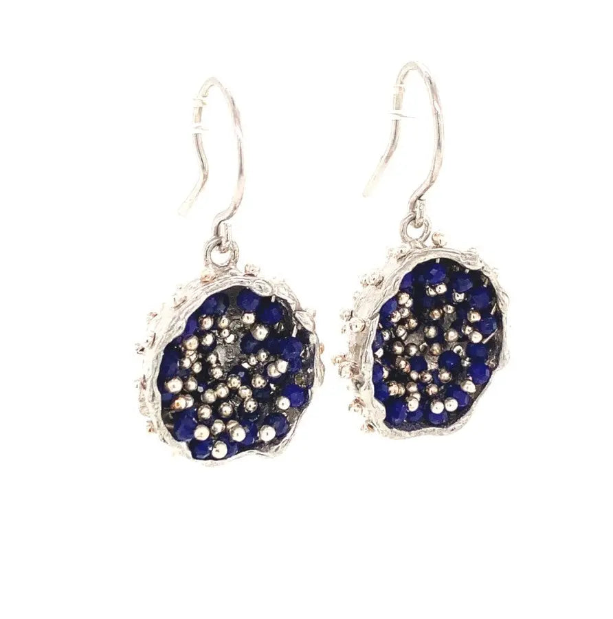 - Dance of Stamens Medium Earring, Silver Hollow Bezel with Mobile Semiprecious Stones Lapis Lazouli