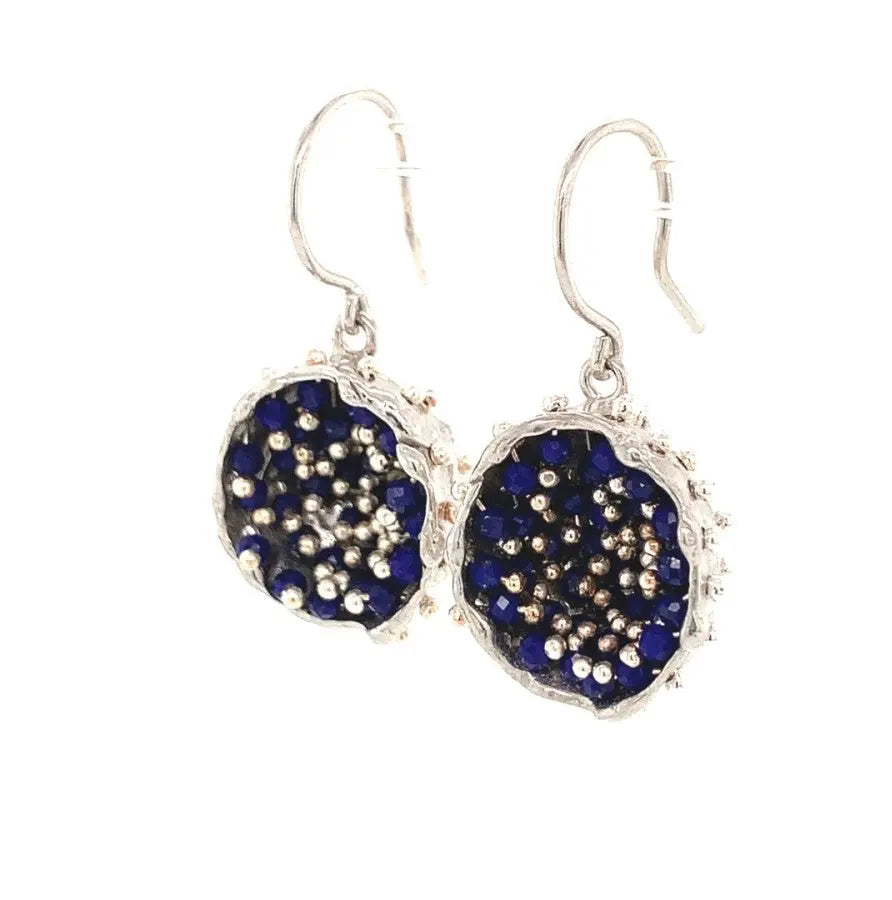 - Dance of Stamens Medium Earring, Silver Hollow Bezel with Mobile Semiprecious Stones Lapis Lazouli