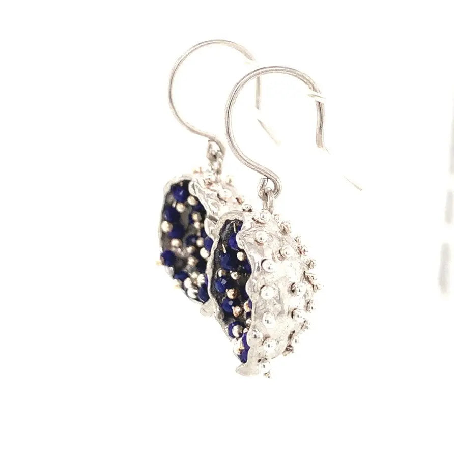 - Dance of Stamens Medium Earring, Silver Hollow Bezel with Mobile Semiprecious Stones Lapis Lazouli