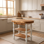 Luxury Oval Olive Wood Kitchen Island Set - Prep Table with 2 Bar Stools