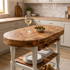 Luxury Oval Olive Wood Kitchen Island Set - Prep Table with 2 Bar Stools