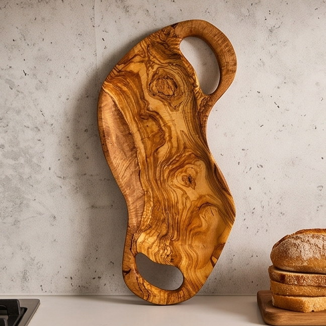Handcrafted Irregular Olive Wood Serving Tray with Handles | Live Edge Platter