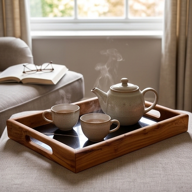 Olive Wood Rectangular Olive Wood Marble effect Tray with Handle