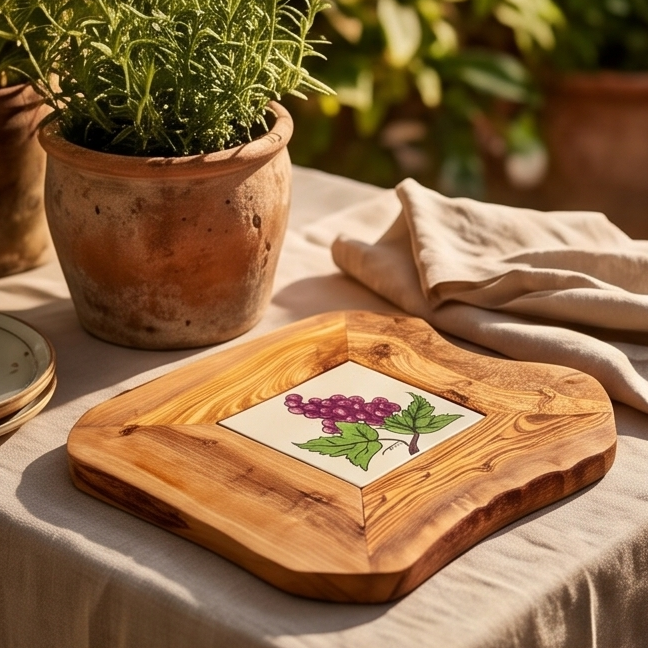 Rustic Olive Wood Ceramic Restaurant Serving Tray
