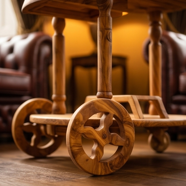 Luxury Solid Olive Wood Bar Cart | Handcrafted Rolling Wine & Beverage Serving Trolley