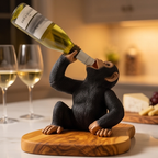 Funny Chimp Monkey Wine Bottle Holder | Luxury Olive Wood Base Countertop Display
