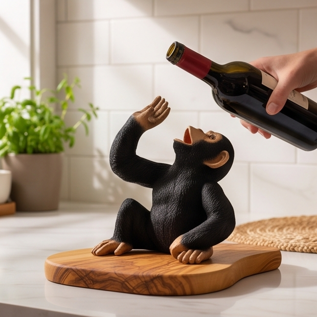 Funny Chimp Monkey Wine Bottle Holder | Luxury Olive Wood Base Countertop Display
