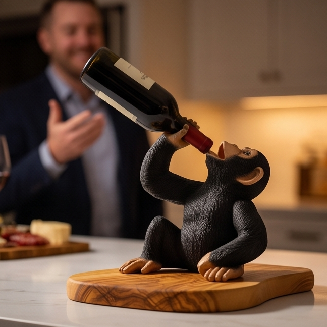 Funny Chimp Monkey Wine Bottle Holder | Luxury Olive Wood Base Countertop Display