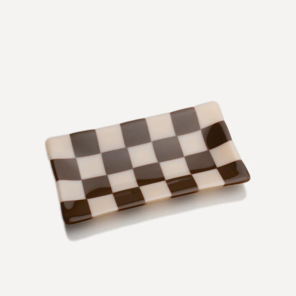 Handmade checkered ceramic dish in brown and cream, British crafted tableware