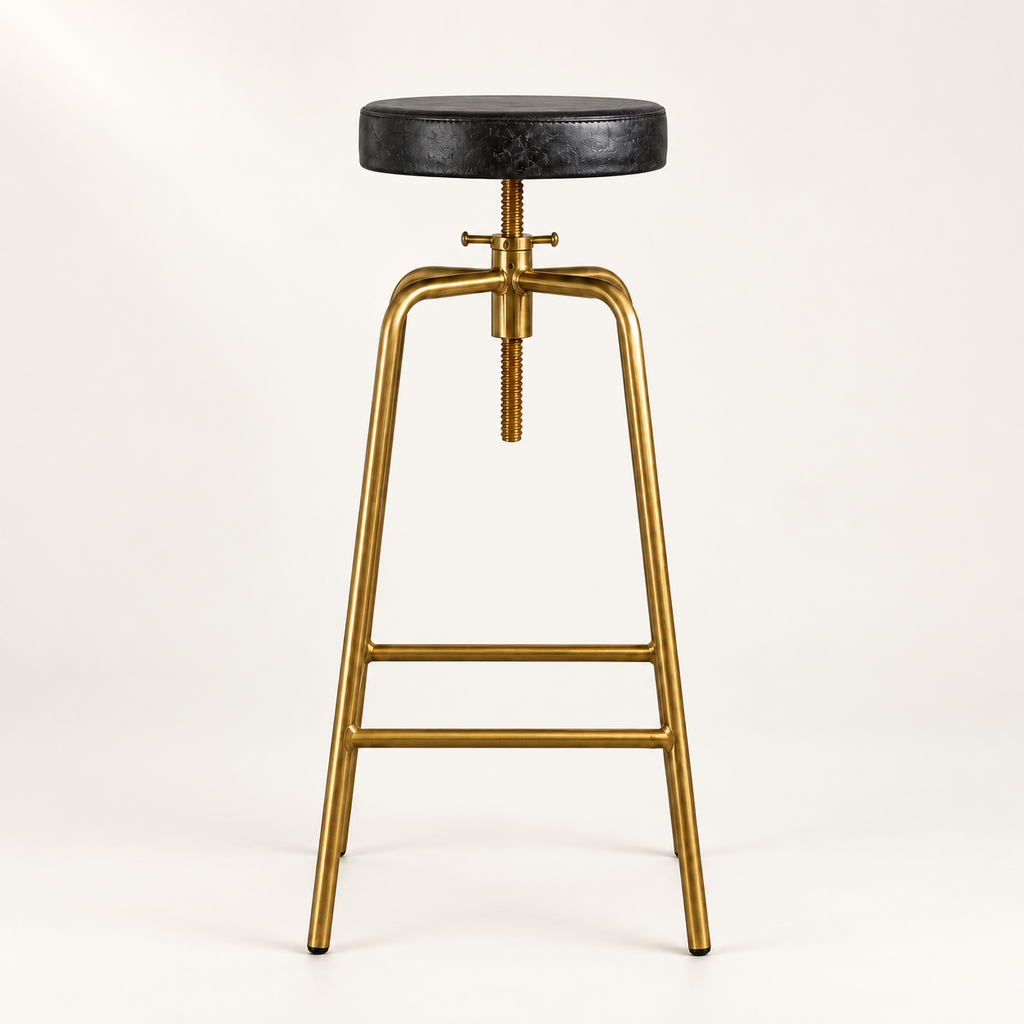 Antique Brass & Black Leather Adjustable Bar Stool