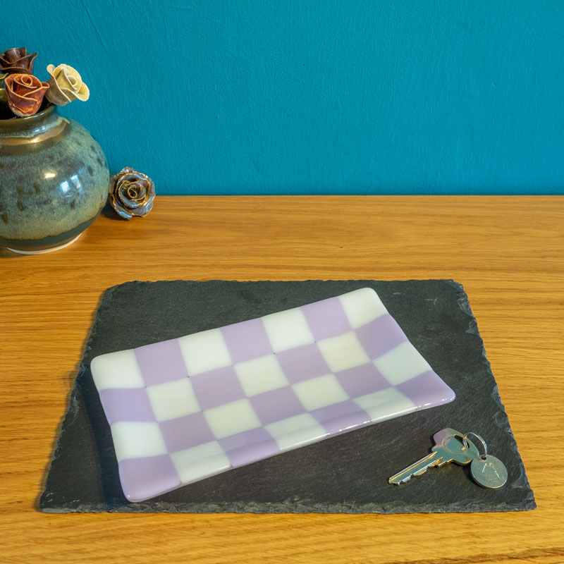 Purple and white checkered fused glass tray on slate, handmade British craft