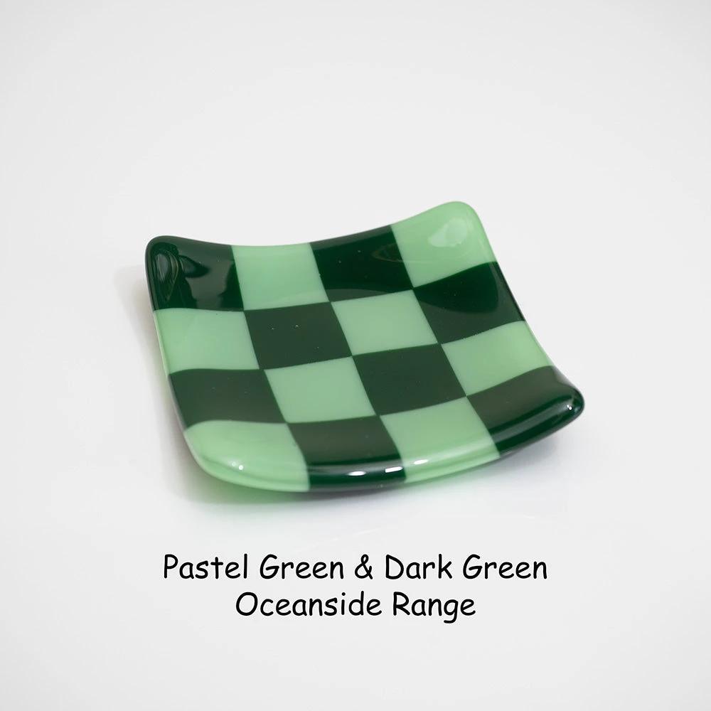 Pastel green and dark green checkered glass dish from Oceanside Range