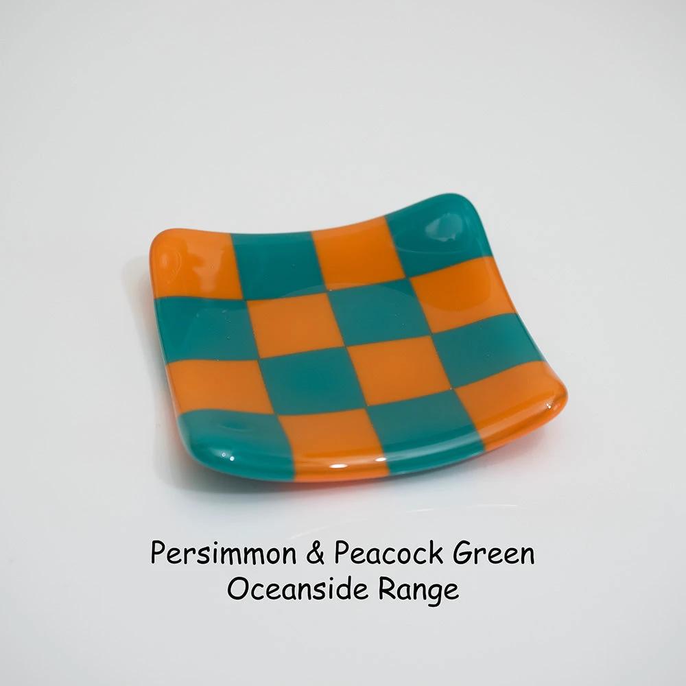 Handmade glass dish in persimmon and peacock green checkered pattern, Oceanside Range