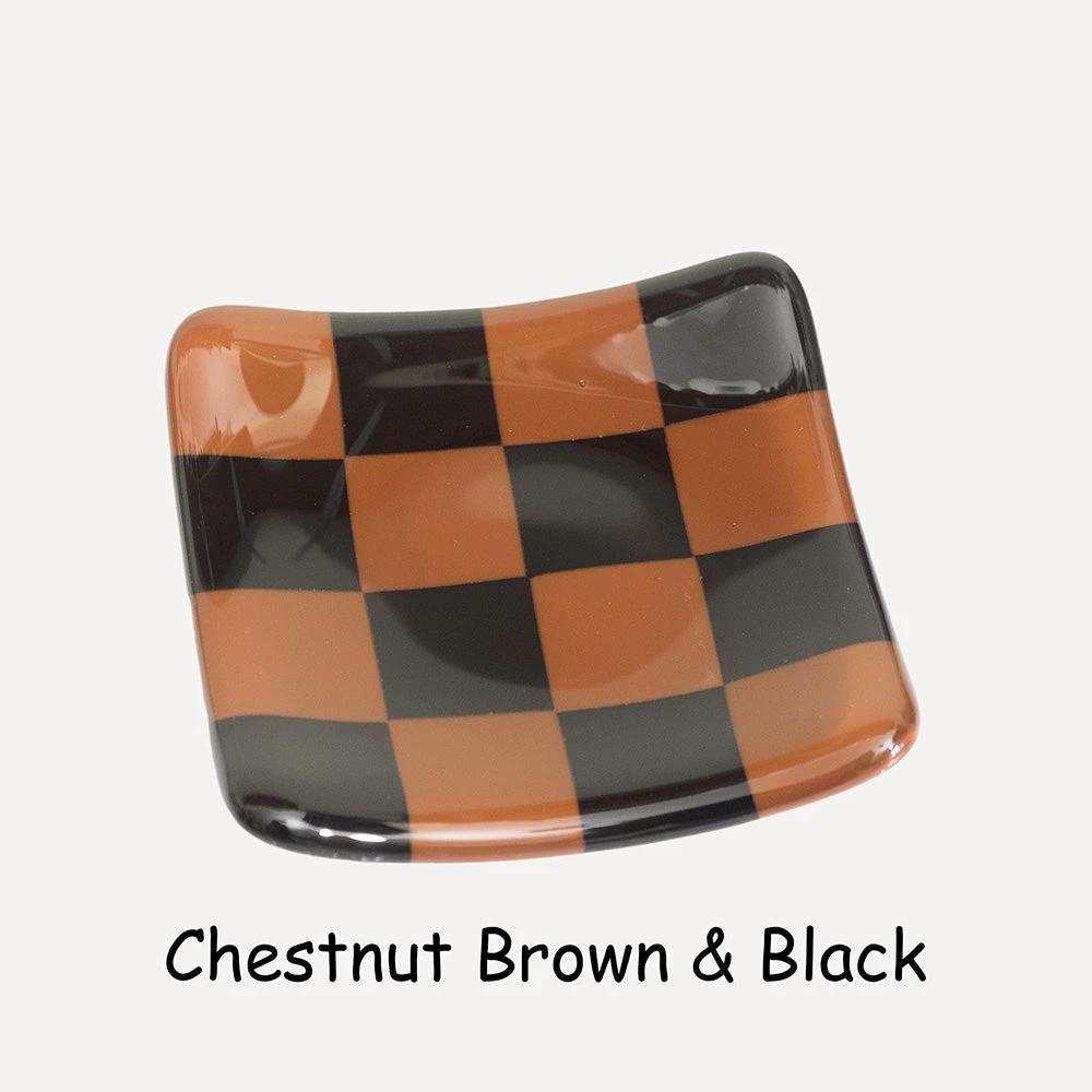Chestnut brown and black checkered glass dish, handmade British craft