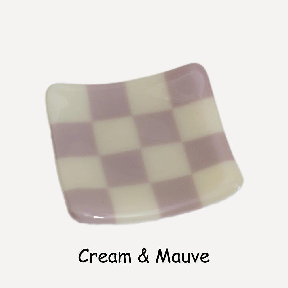 Cream and mauve checkered glass dish, handmade British craft