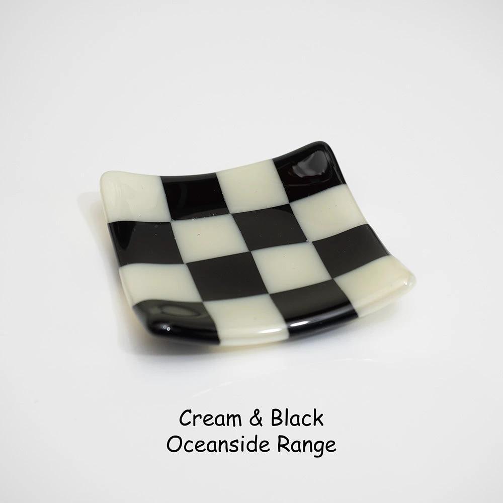 Cream and black checkered glass dish, Oceanside Range, handmade British craft