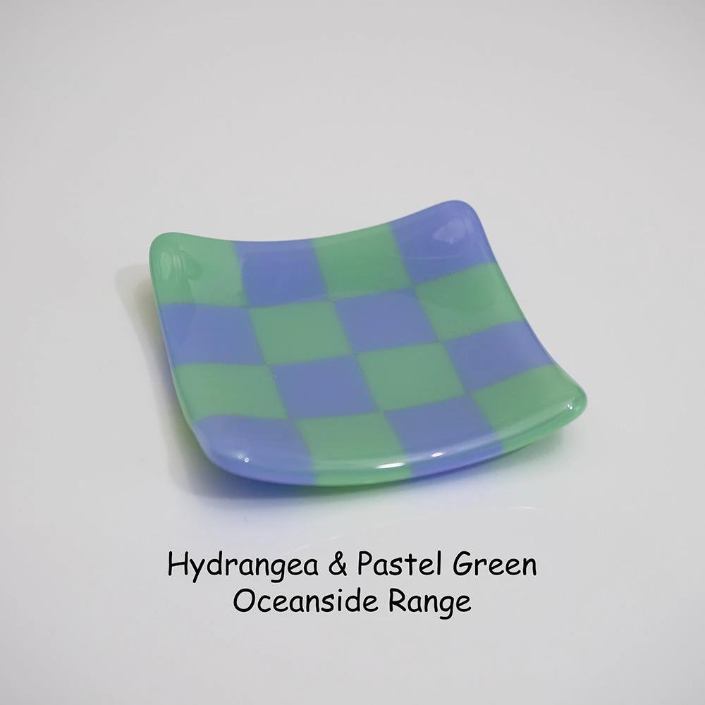Handcrafted fused glass dish in hydrangea and pastel green checkered pattern, Oceanside Range