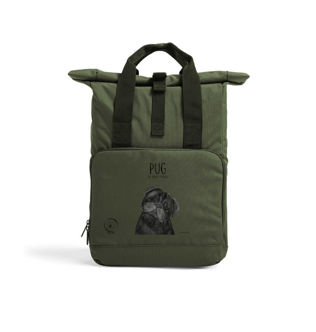"Pug or Snorty Potato?" Ethical Backpack for Pug Lovers! Black Pug Version