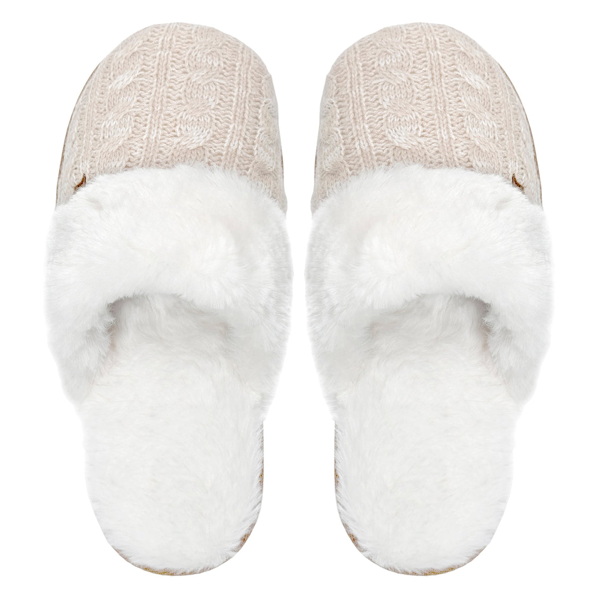 Ladies Cable Knit Faux Fur Thermal Winter Slippers