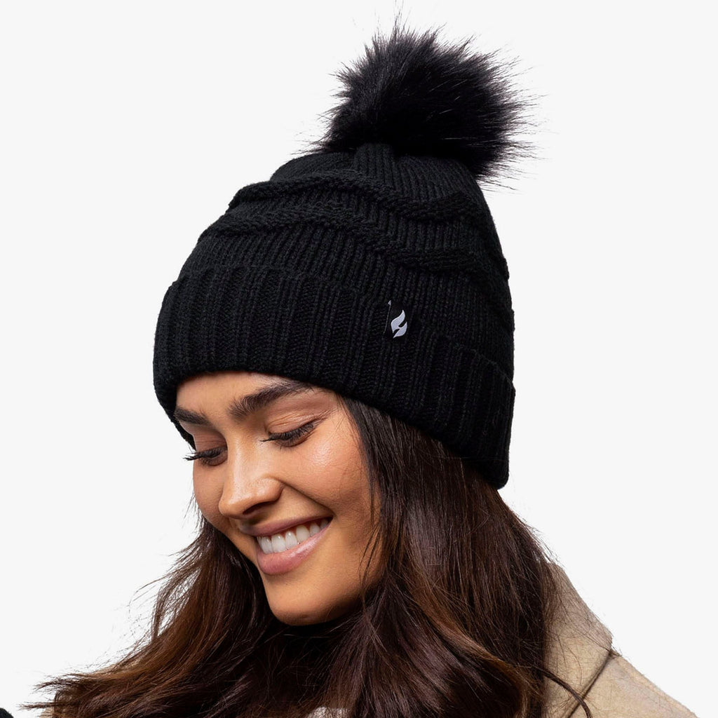 Ladies Zig Zag Turnover Thermal Pom Pom Hat for Winter