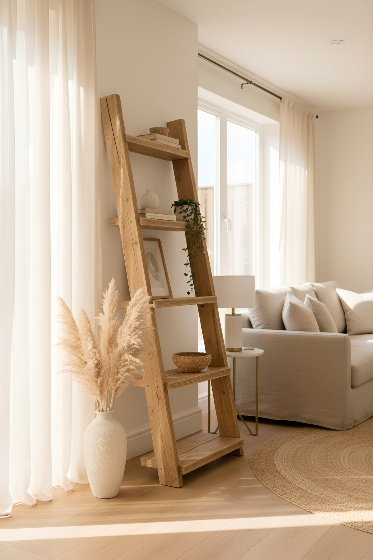 Ladder Solid Wood Bookshelf – Natural Finish Open Bookcase, Rustic Scandinavian Design