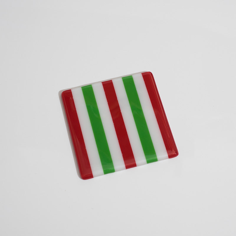 Red, green, and white striped fused glass coaster — handmade British craft