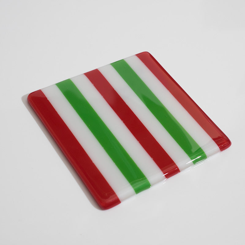 Handmade glass coaster with red, white, and green stripes — British crafted home decor