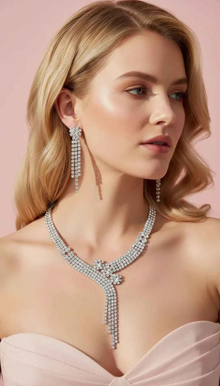 Curved Tassel Statement Crystal Necklace & Earrings Set
