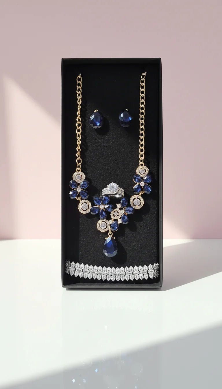 Blue Crystal Necklace, Bracelet, Earrings & Ring Set With Gift Box