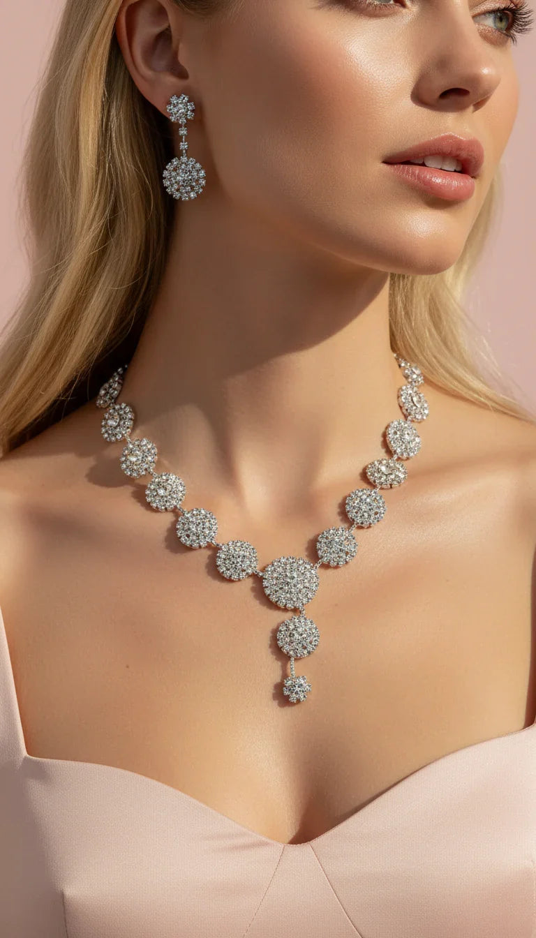 Round Crystal Cluster Drop Statement Necklace & Earrings Set