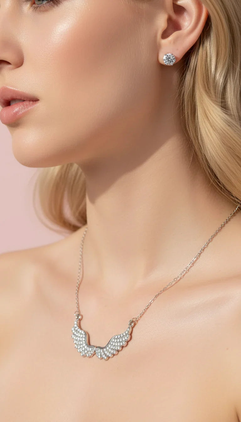 Crystal Angel Wings Pendant Necklace & Earring Set