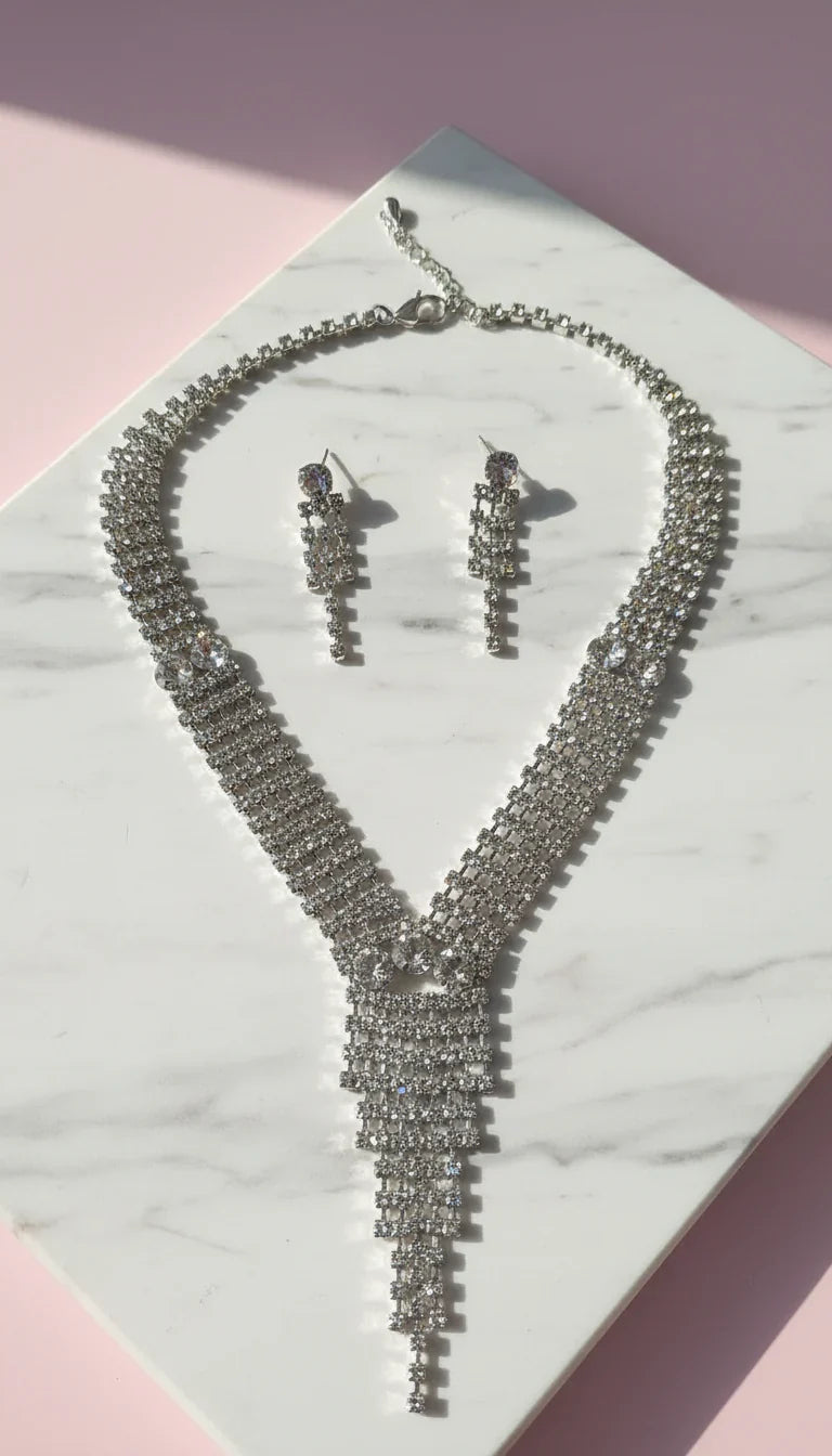 Tassel Statement Crystal Necklace & Earrings Set