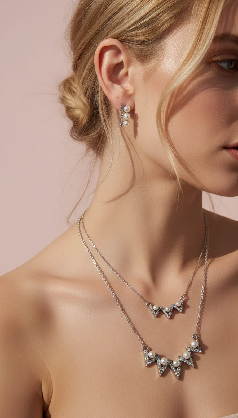 Layered Pearl Zig Zag Pendant Necklace & Earring Set