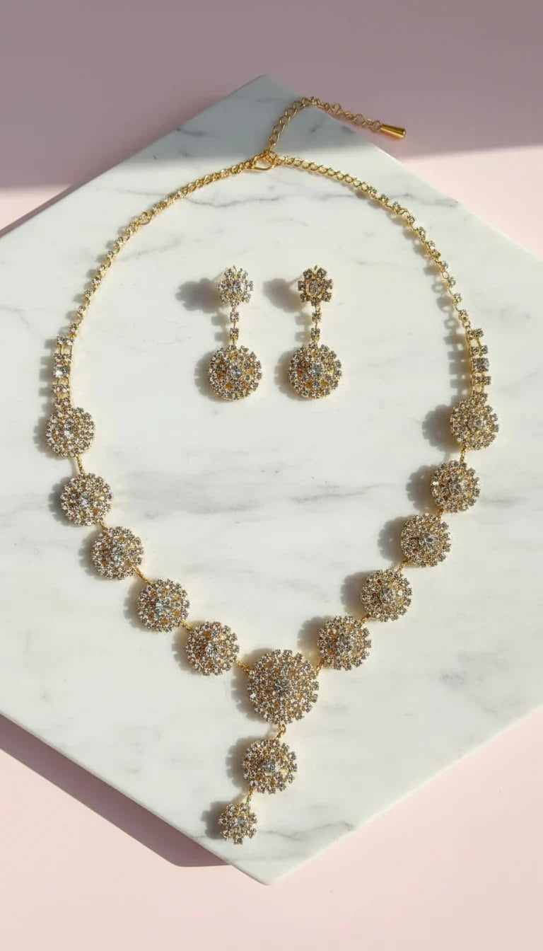 Round Crystal Cluster Drop Statement Necklace & Earrings Set