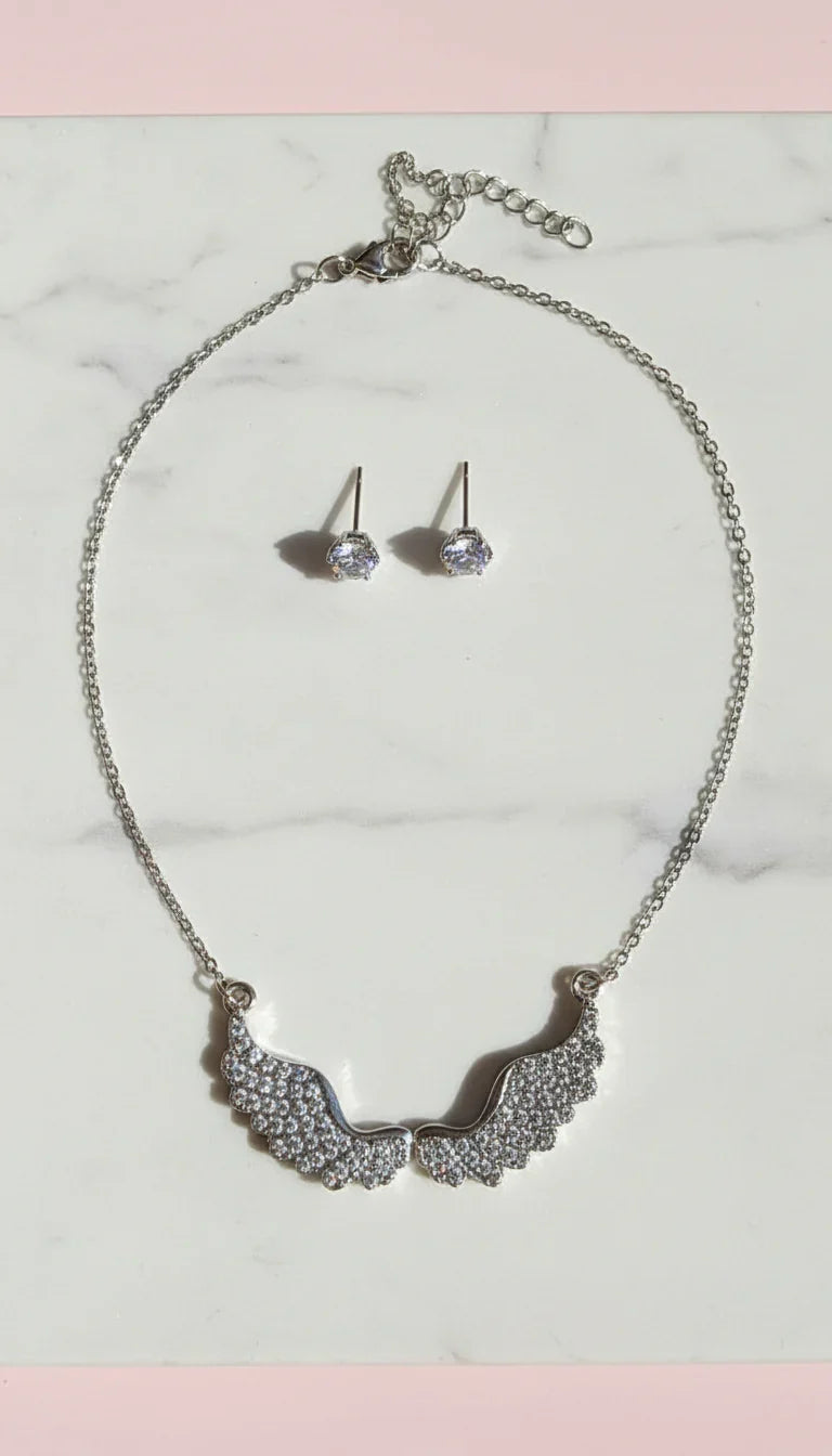 Crystal Angel Wings Pendant Necklace & Earring Set