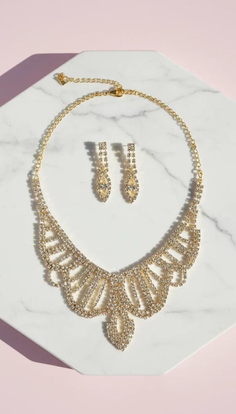 Scalloped Edge Crystal Statement Necklace & Earrings Set