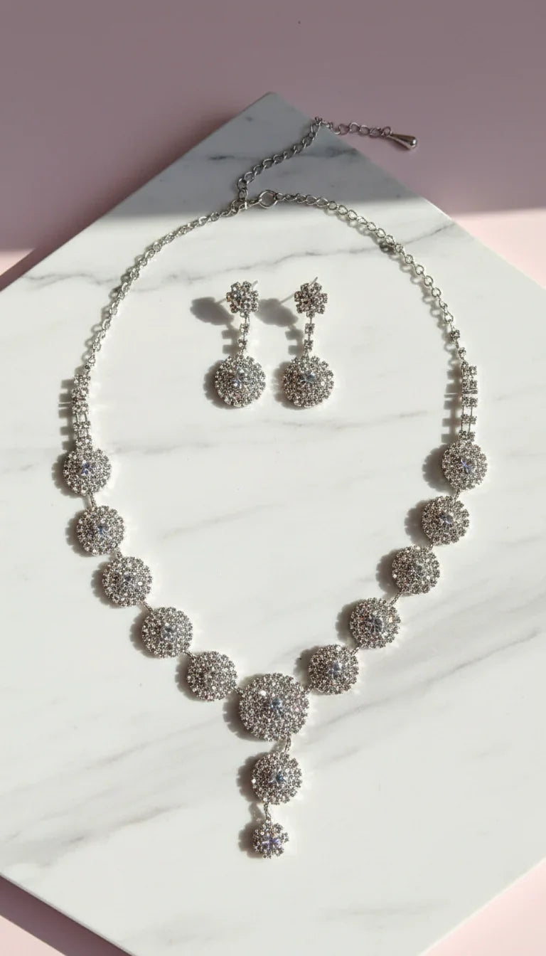 Round Crystal Cluster Drop Statement Necklace & Earrings Set