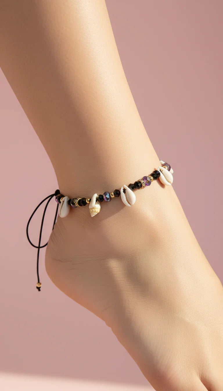 Beaded Shell Faceted Pull Tie Anklet