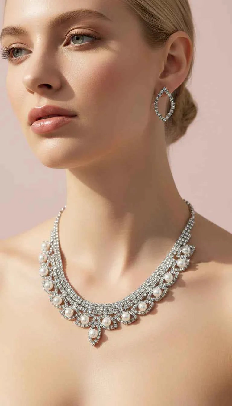 Pearl Statement Crystal Necklace & Earrings Set
