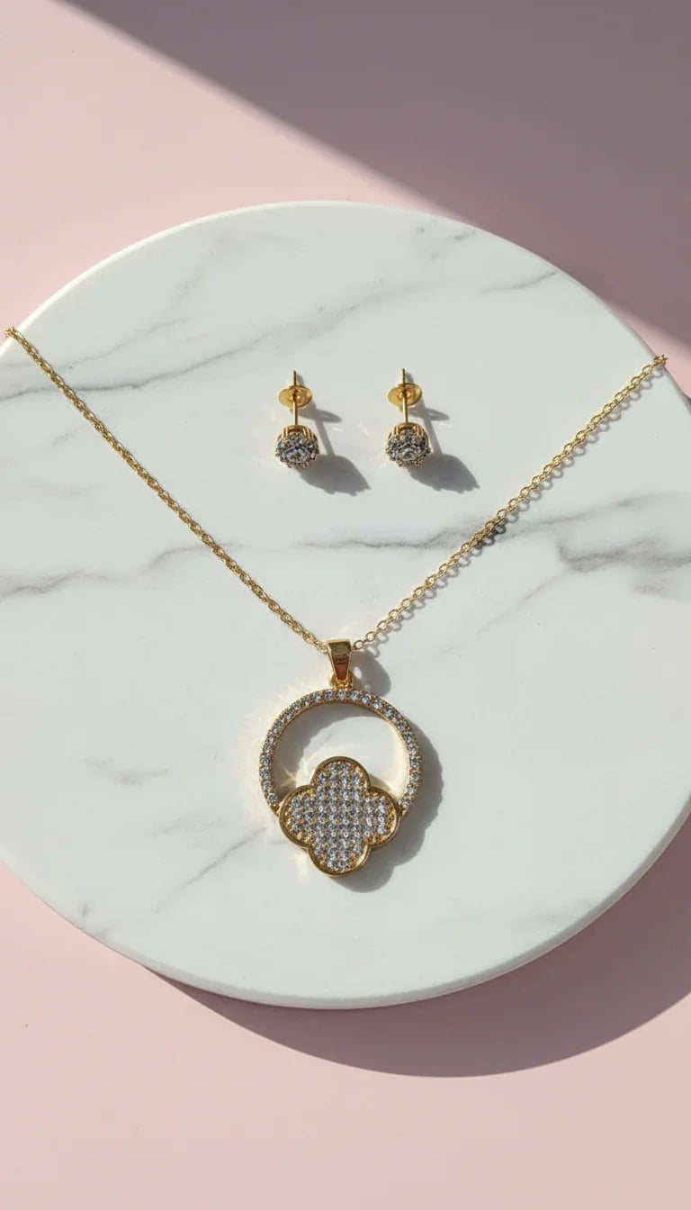 Crystal Clover Pendant Necklace & Earring Set