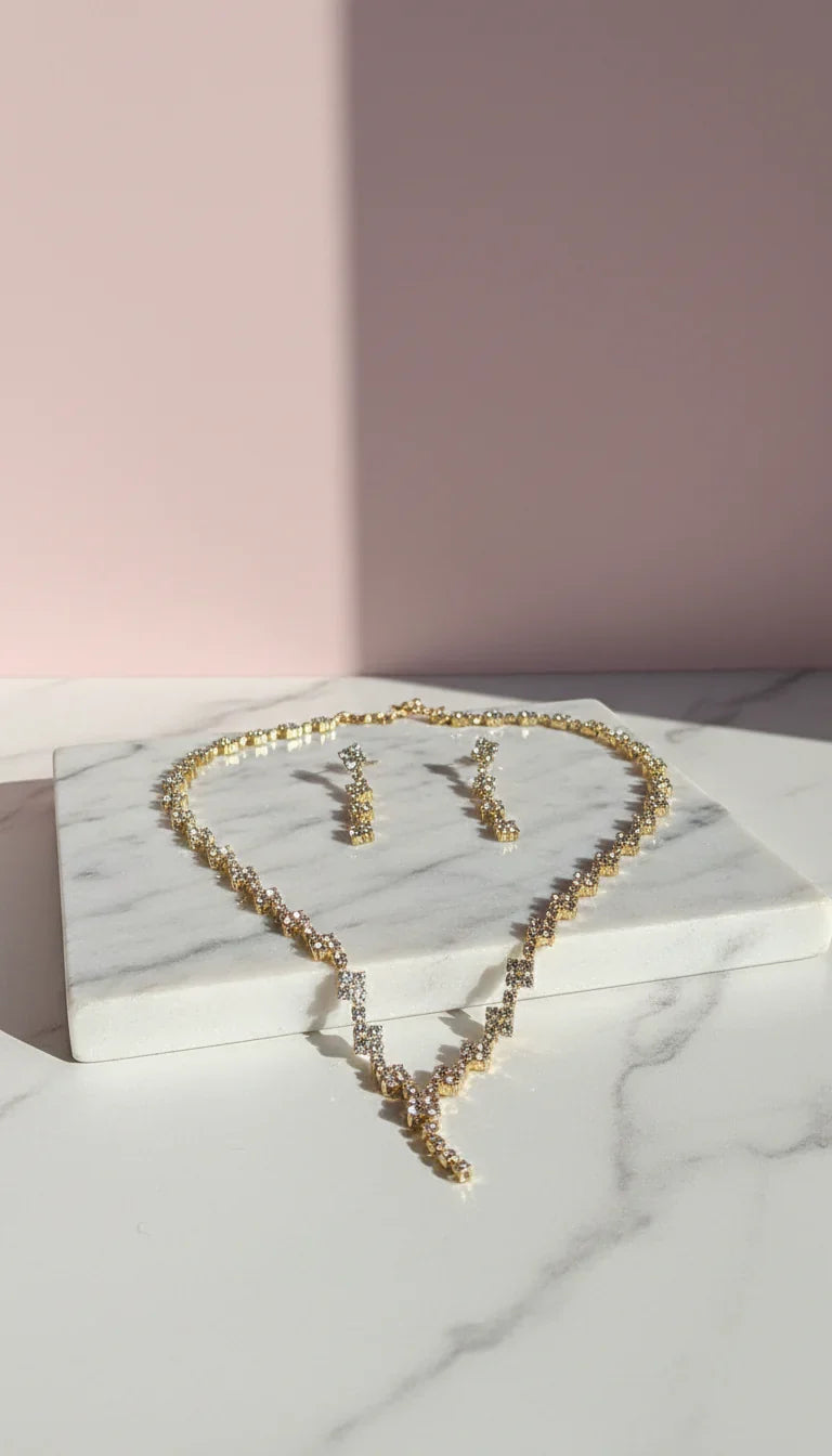 Square Cluster Statement Crystal Necklace & Earrings Set