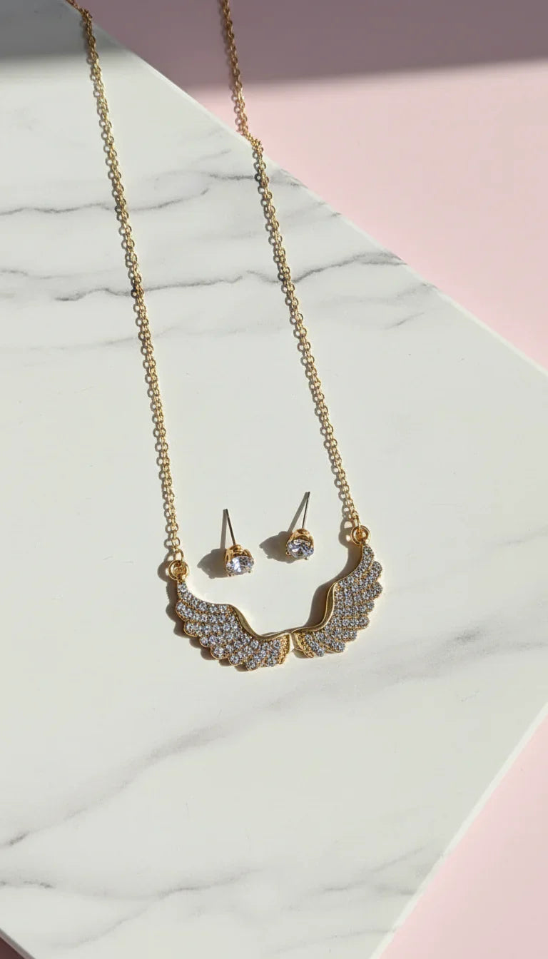 Crystal Angel Wings Pendant Necklace & Earring Set