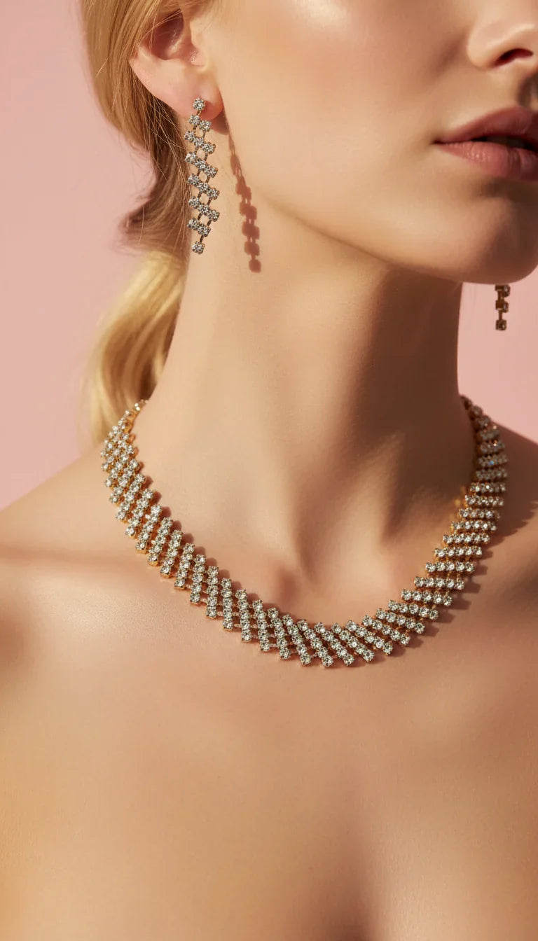 Curved Statement Crystal Necklace & Earrings Set