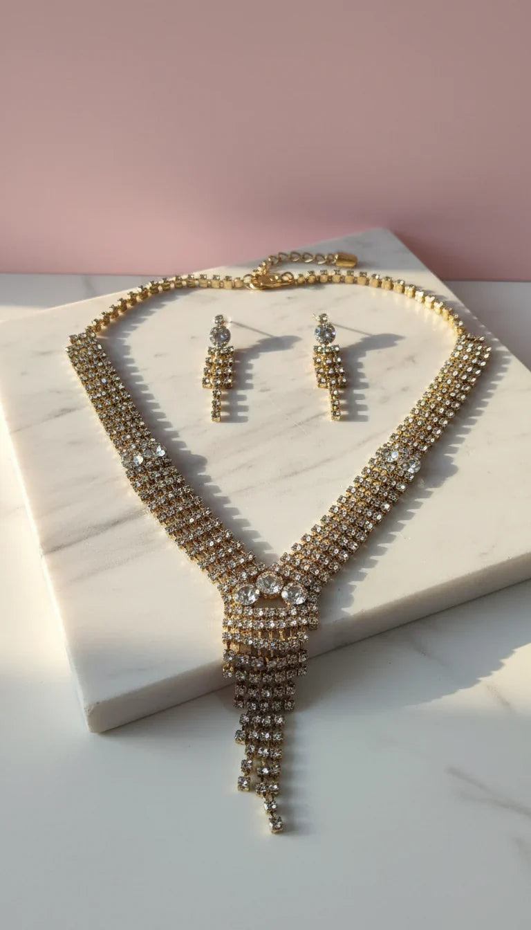 Tassel Statement Crystal Necklace & Earrings Set