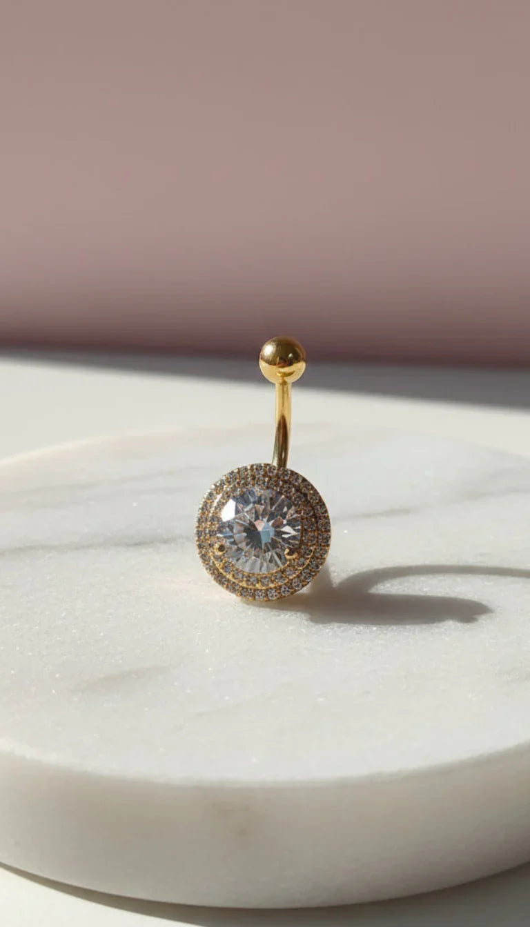 Round Cut Gold Plated Stainless Steel Crystal Belly Bar