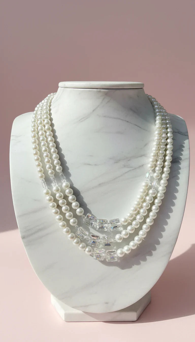 Square Crystal & Pearl Multi Layer Necklace & Earrings Set