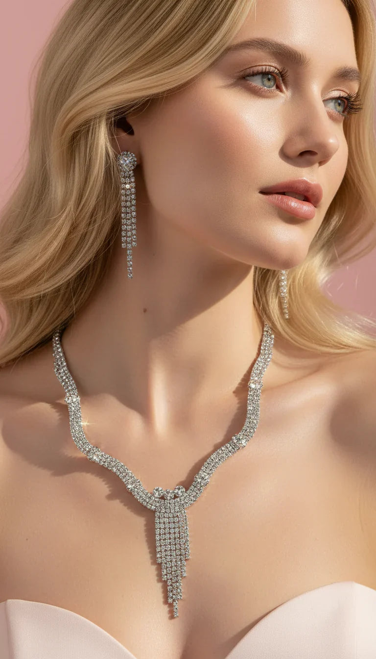 Wavey Statement Crystal Necklace & Earrings Set