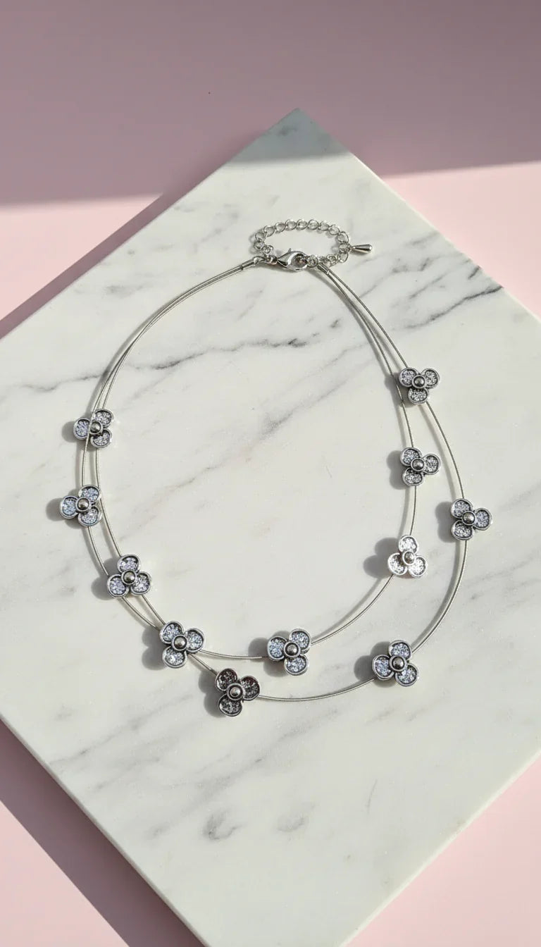 Layered Flower Silver Statement Necklace