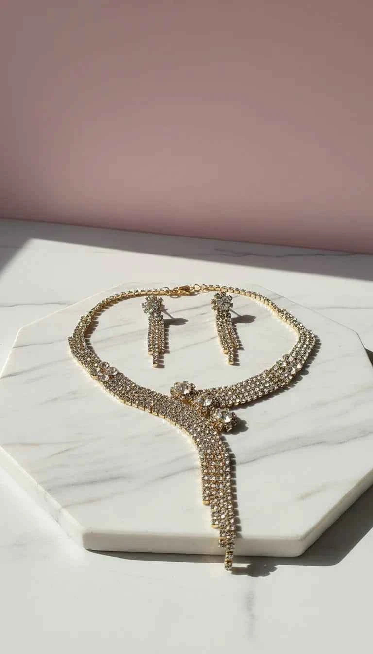 Curved Tassel Statement Crystal Necklace & Earrings Set